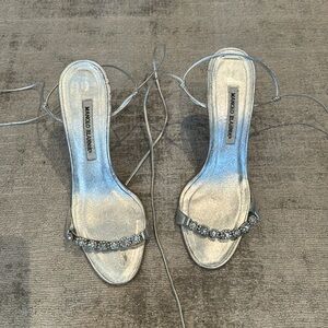 Manolo blahnik silver patent leather crystal sandal heels